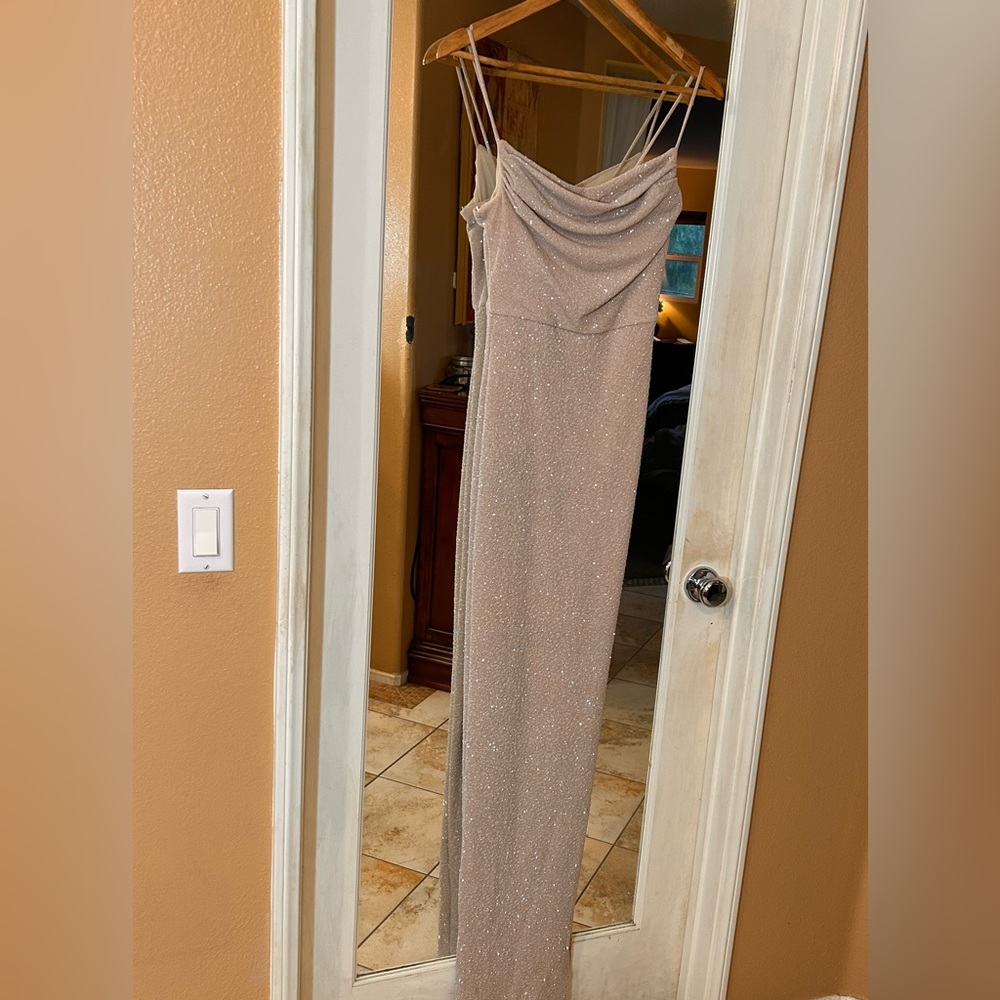 Windsor formal maxi dress. Side slit. Cream/tan color with silver glitter.